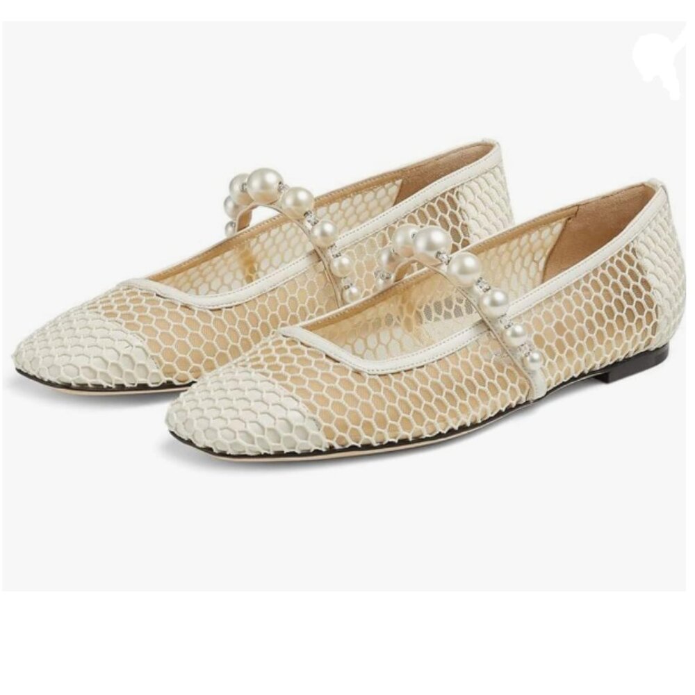 Elegant Cream Mesh Flats with Pearl Accents